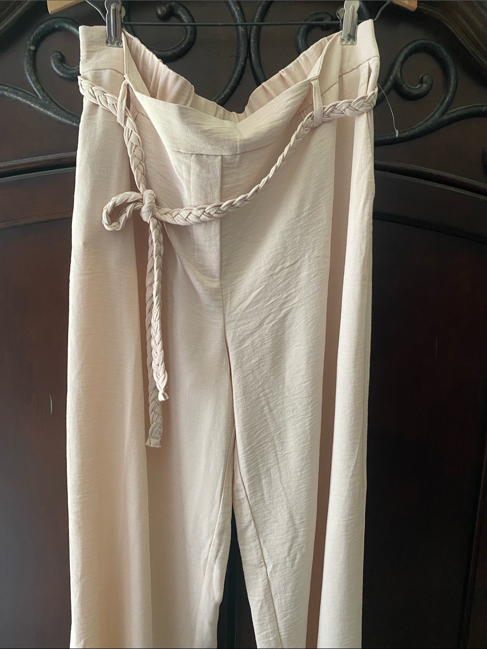 High-Rise Peach Cream Wide-Leg Pants with Braided Tie